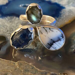 Multi-Stone, Adjustable .925 Sterling Silver Ring, Labradorite, Merlinite and Kyanite Gemstones