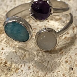 Sterling Silver Adjustable Ring with Amazonite, Amethyst and Moonstone